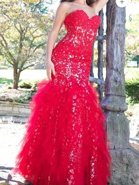 Jovani Red Beaded Strapless Silver Sparkle Ruffled Gown